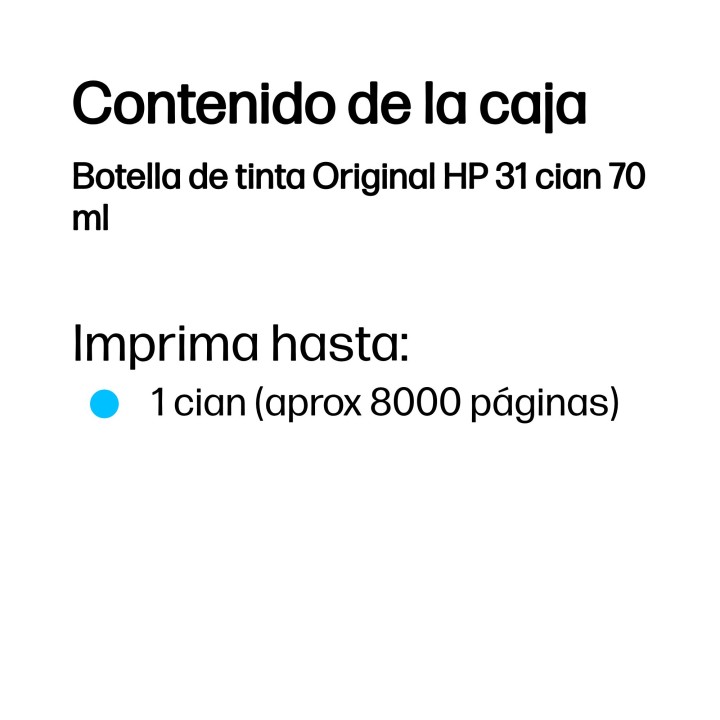 Botella de Tinta HP 31 Cian 70ml 8000 páginas (1VU26AE)