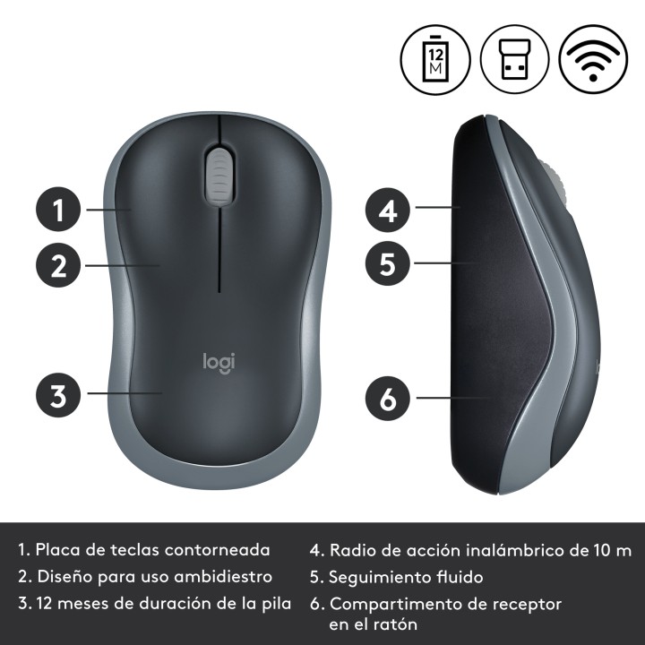 Ratón LOGITECH M185 RF Wireless Gris (910-002238)