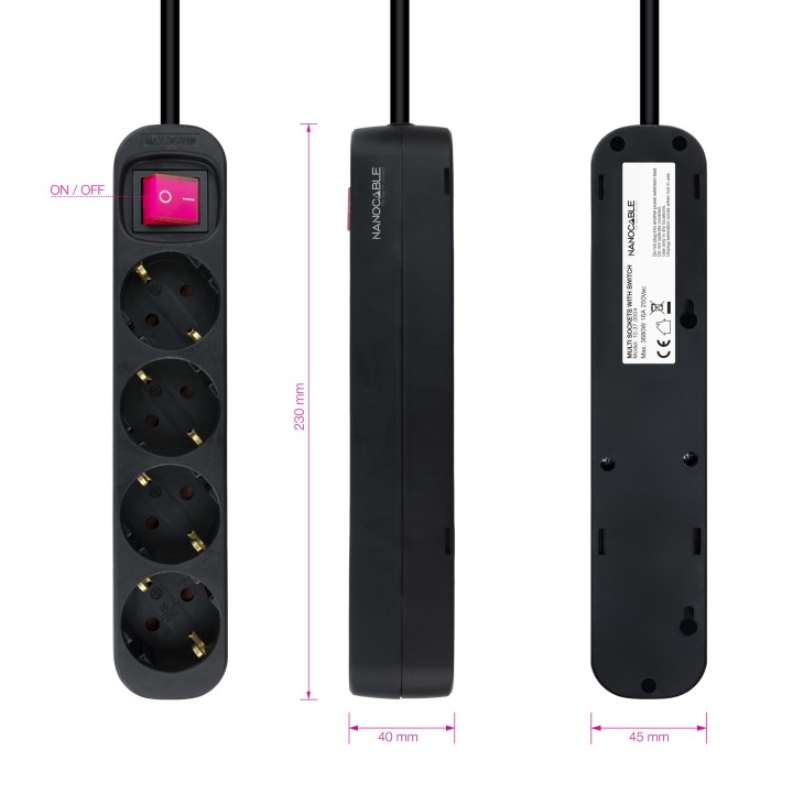 Regleta Nanocable 4xSchuko Interruptor (10.37.0004-BK)