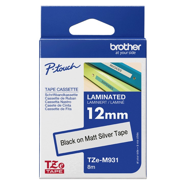 Cinta BROTHER 12mm 8m Negro sobre Plata (TZe-M931)