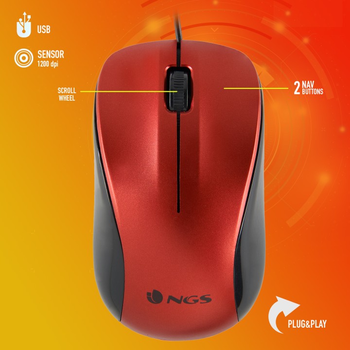 Ratón NGS Óptico USB-A 1200dpi Rojo (CREWRED)