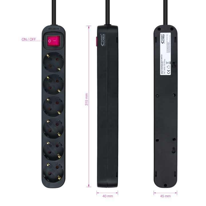Regleta Nanocable 6xSchuko Interruptor (10.37.0006-BK)
