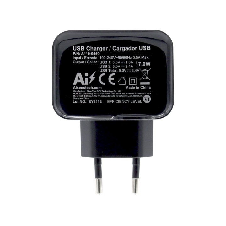 Cargador de Pared AISENS 17W 2xUSB-A Negro (A110-0440)