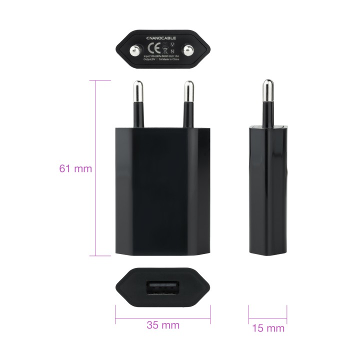 Cargador de Pared Nanocable 1xUSB-A Negro (10.10.2002)