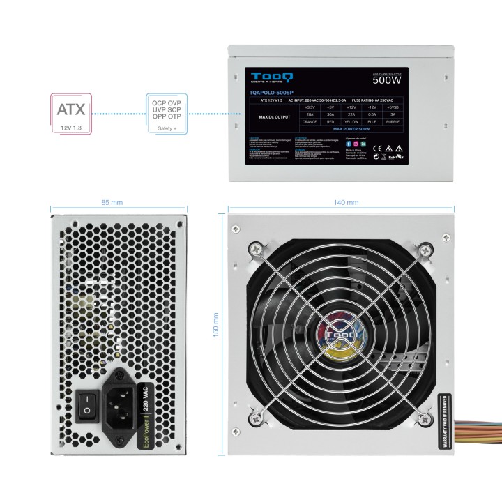 Fuente TooQ 500W ATX 120mm Plata (TQAPOLO-500SP)