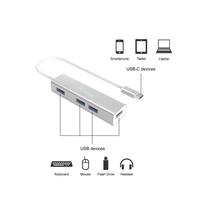 Hub EQUIP USB-C 3.0 a 4xUSB-A 3.0 Plata (EQ128958)