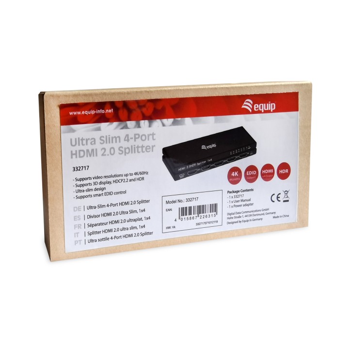Splitter EQUIP 4K 1xHDMi In 4xHDMI Out Negro (EQ332717)
