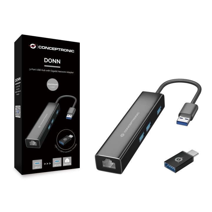 Hub CONCEPTRONIC USB-A a 3USB-A 1xRJ45 Negro (DONN07BA)