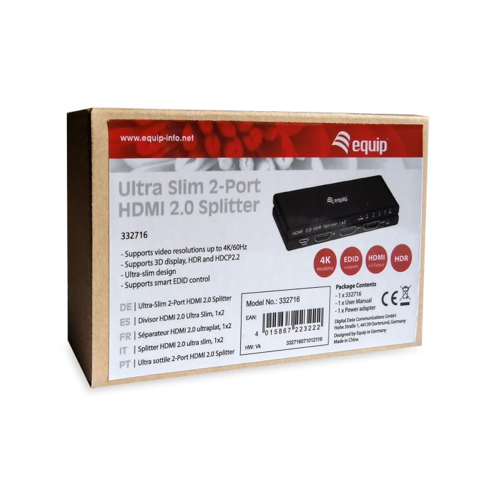 Splitter EQUIP 4K 1xHDMI In 2xHDMI Out Negro (EQ332716)