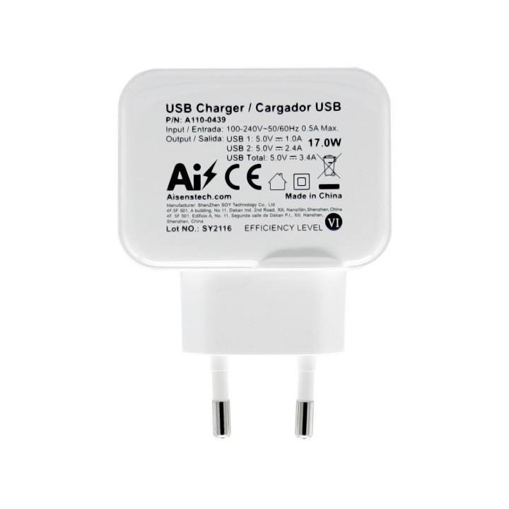 Cargador de Pared AISENS 17W 2xUSB-A Blanco (A110-0439)