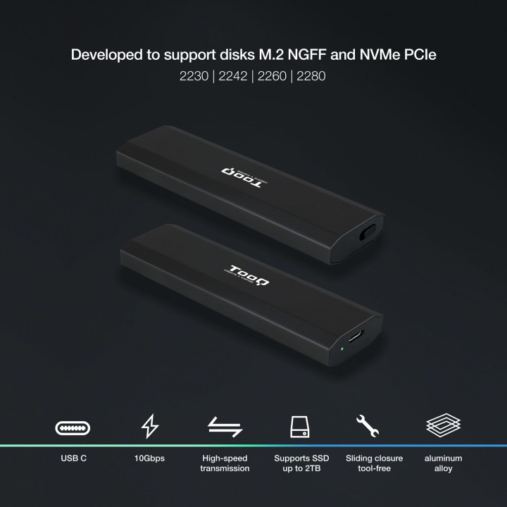 Caja TooQ SSD M.2/PCIe USB-C 3.0 Negro (TQE-2223B)