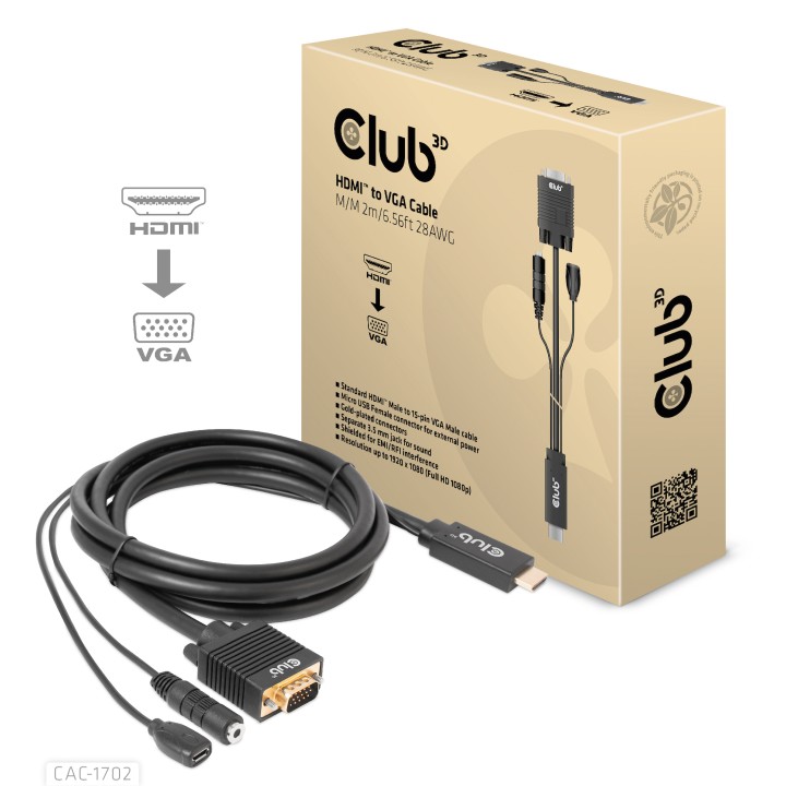 Cable Club 3D HDMI a VGA/28AWG 2m M/M Negro CAC-1712