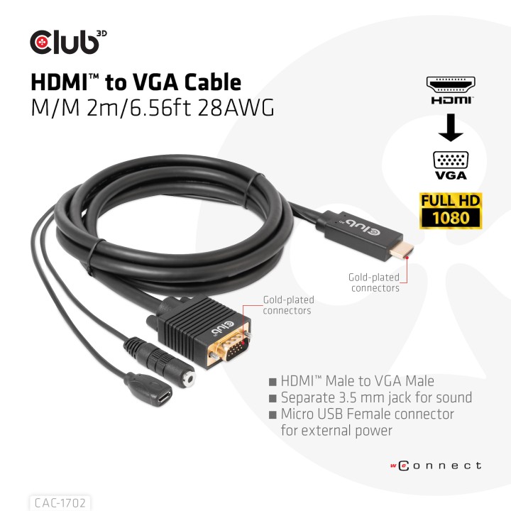 Cable Club 3D HDMI a VGA/28AWG 2m M/M Negro CAC-1712