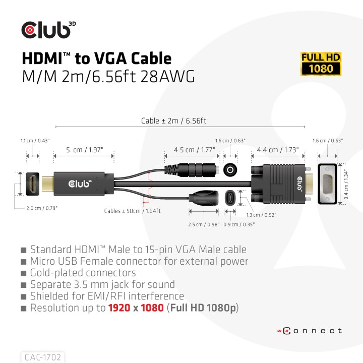 Cable Club 3D HDMI a VGA/28AWG 2m M/M Negro CAC-1712