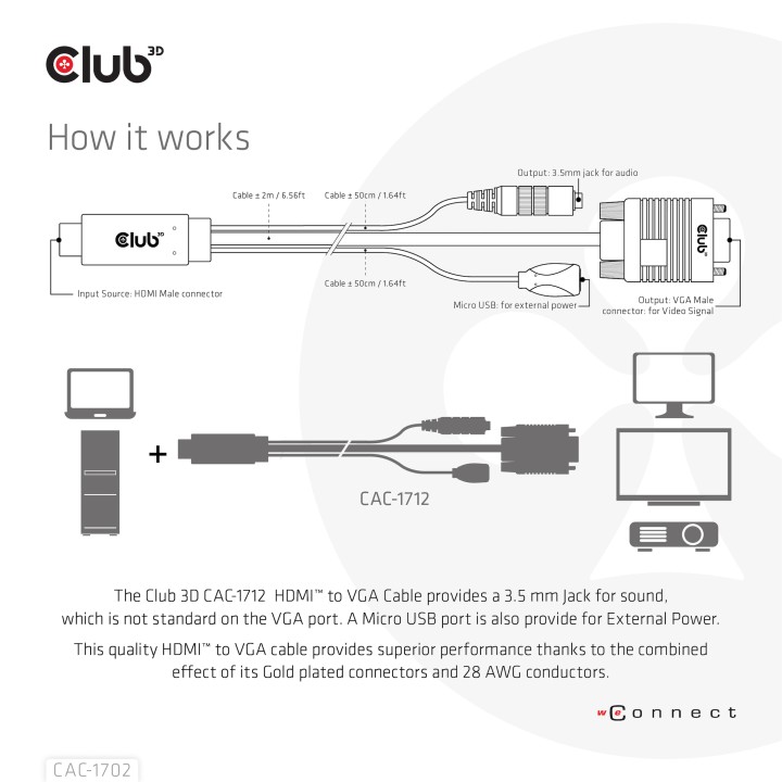 Cable Club 3D HDMI a VGA/28AWG 2m M/M Negro CAC-1712