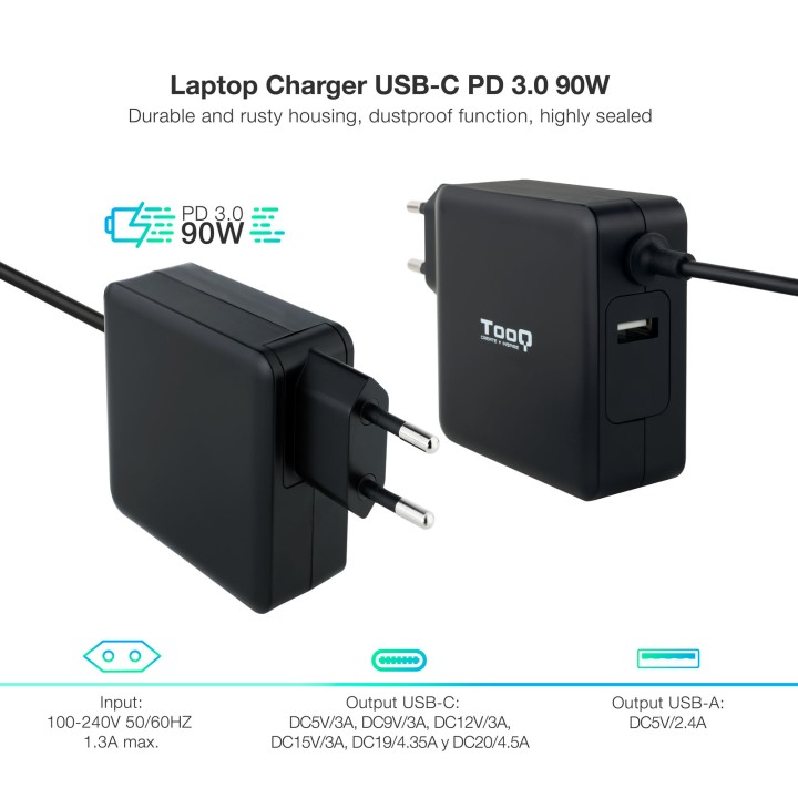 Cargador TooQ 90W USB-C PD 3.0 Negro (TQLC-USBC90PD)