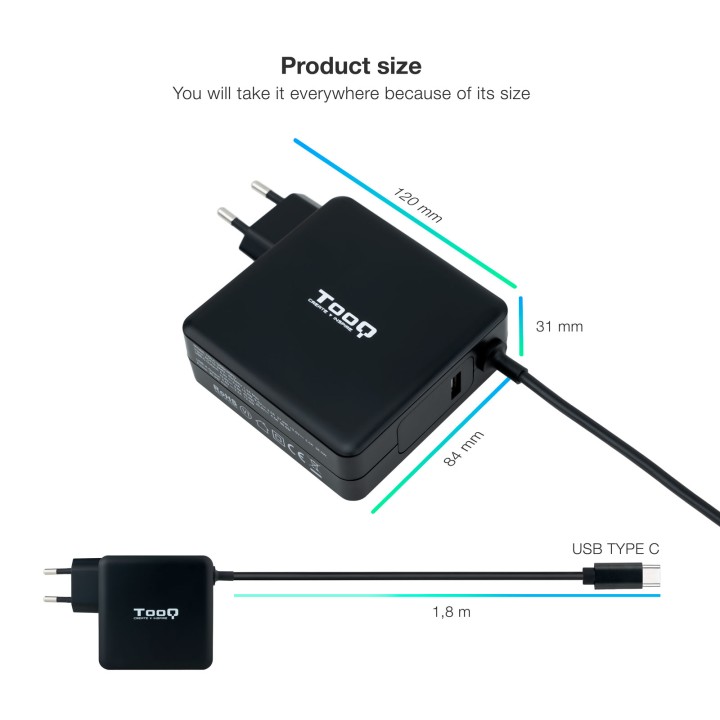 Cargador TooQ 90W USB-C PD 3.0 Negro (TQLC-USBC90PD)