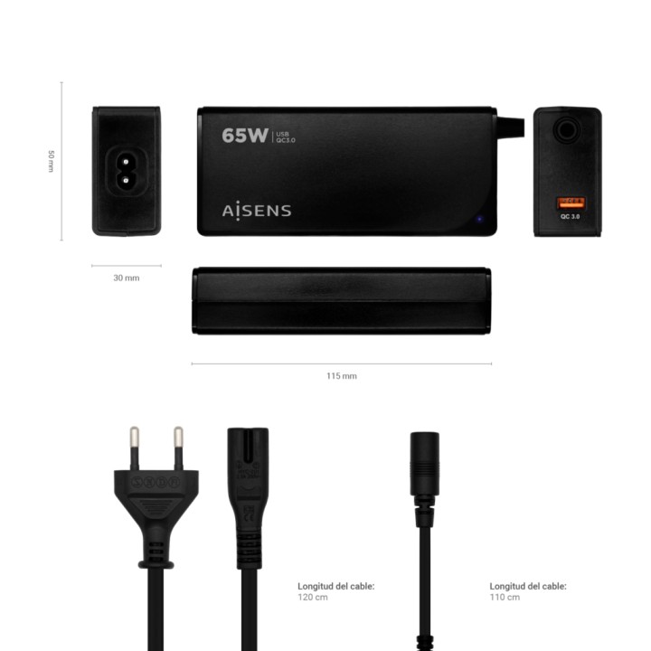 Cargador AISENS 65W 9 DC USB-A Negro (ASLC-65WAUTO-BK)