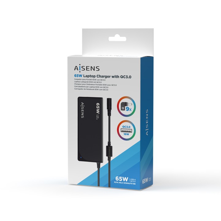 Cargador AISENS 65W 9 DC USB-A Negro (ASLC-65WAUTO-BK)