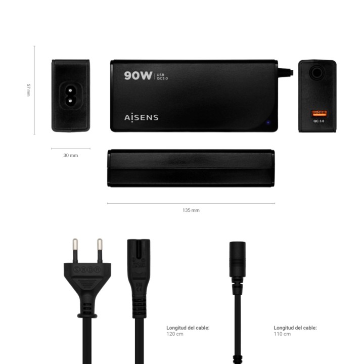 Cargador AISENS 90W 12 DC USB-A Negro (ASLC-90WAUTO-BK)