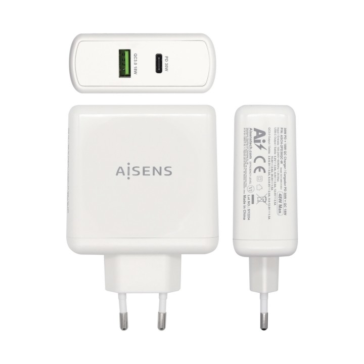 Cargador Pared AISENS 48W 2xUSB Blanco (ASCH-2PD30QC-W)