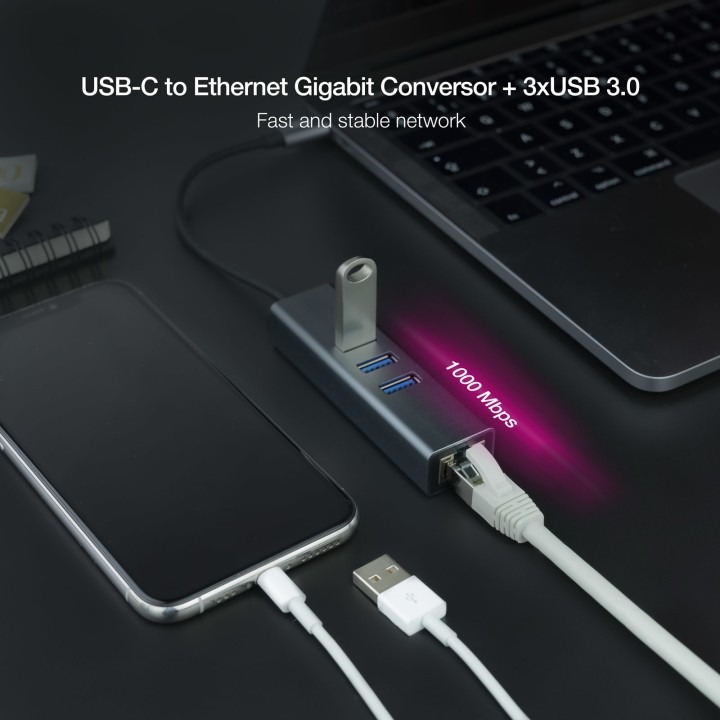 Adaptador Nanocable USB-C a 3xUSB-A/RJ45 (10.03.0408)
