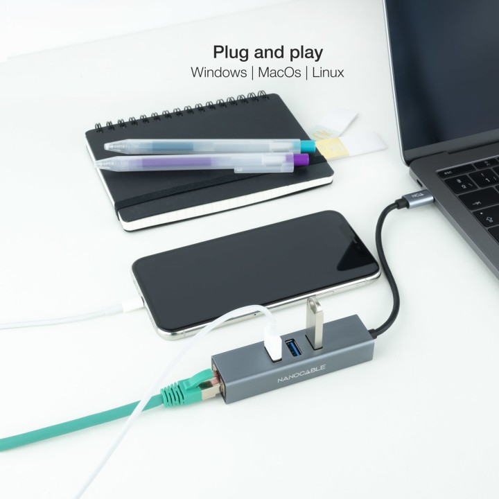 Adaptador Nanocable USB-C a 3xUSB-A/RJ45 (10.03.0408)
