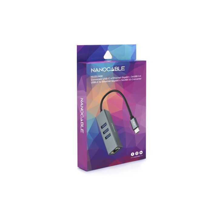 Adaptador Nanocable USB-C a 3xUSB-A/RJ45 (10.03.0408)