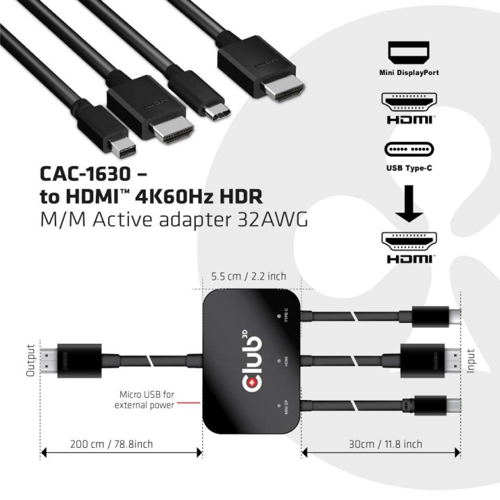 Cable Club 3D HDMI a HDMI+USB-C+MiniDP M/M (CAC-1630)