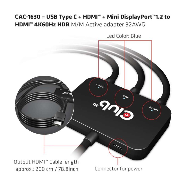Cable Club 3D HDMI a HDMI+USB-C+MiniDP M/M (CAC-1630)