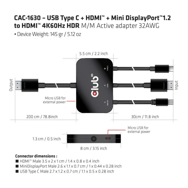 Cable Club 3D HDMI a HDMI+USB-C+MiniDP M/M (CAC-1630)