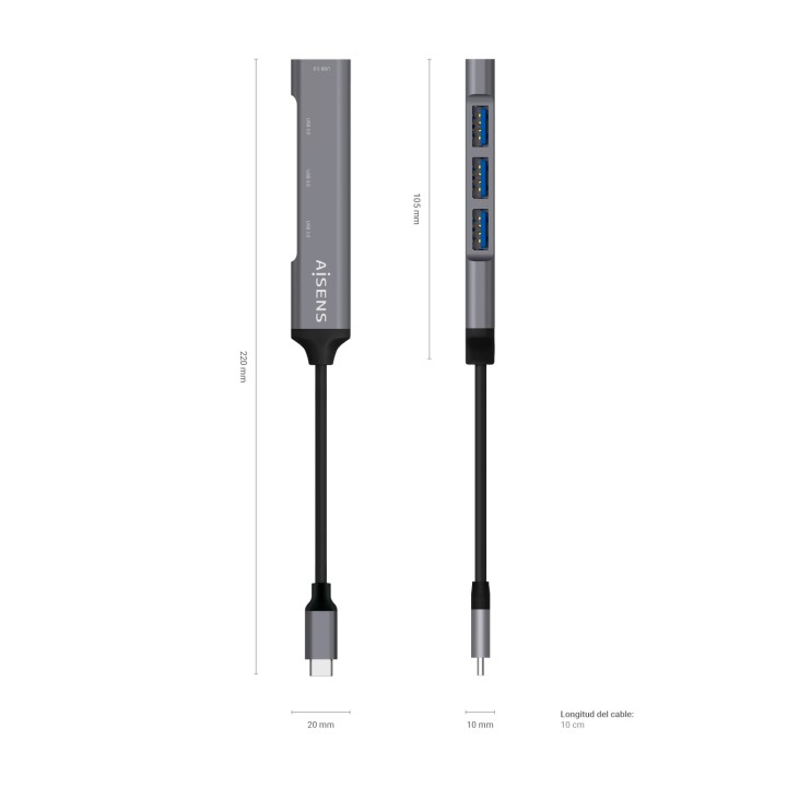 Hub AISENS USB-C 3.0 a 4xUSB-A 3.0 Gris (A109-0541)