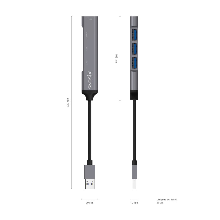Hub AISENS USB-A 3.0 a 4xUSB-A 3.0 Gris (A106-0540)