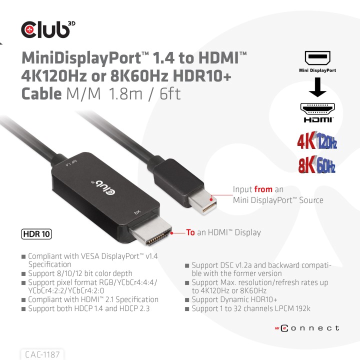 Cable Club 3D Mini DP a HDMI 1.8m M/M Negro CAC-1187