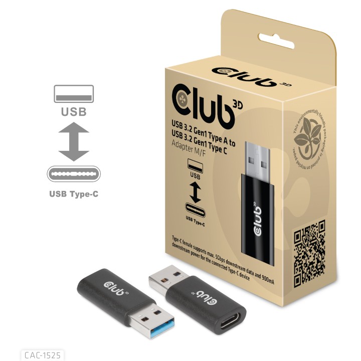 Adaptador Club 3D USB-A a USB-C M/H Negro (CAC-1525)