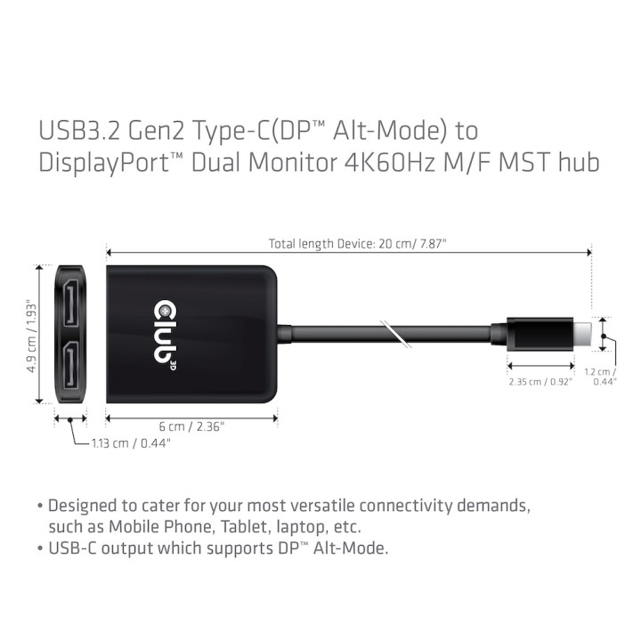 Adaptador Club 3D USB-C a 2xDP 4K M/H Negro (CSV-1555)