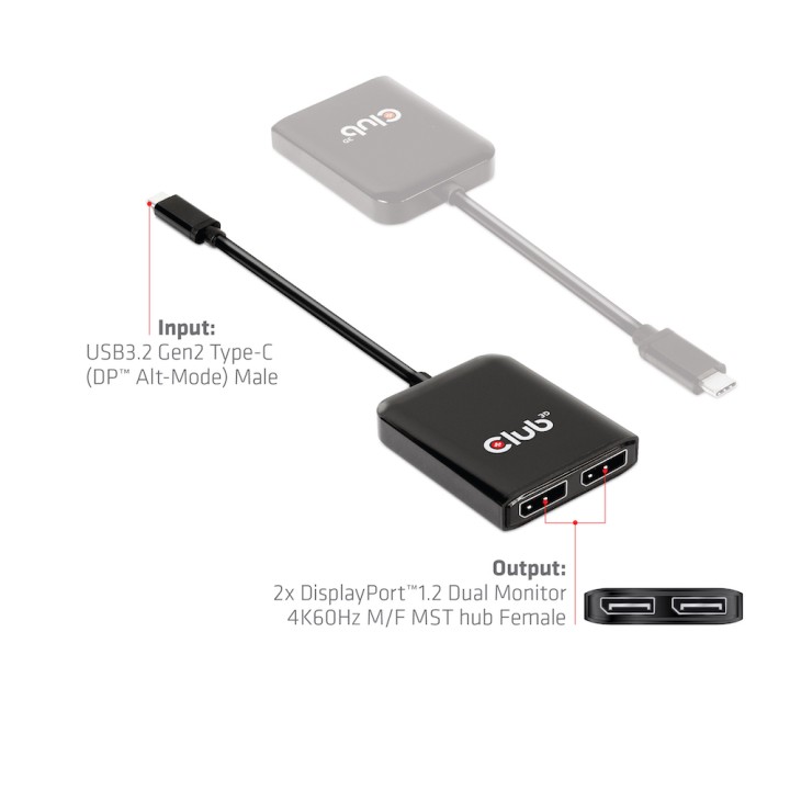 Adaptador Club 3D USB-C a 2xDP 4K M/H Negro (CSV-1555)