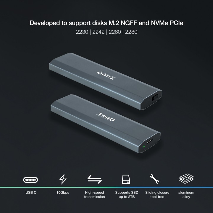 Caja TooQ SSD M.2/PCIe USB-C 3.0 Gris (TQE-2223G)