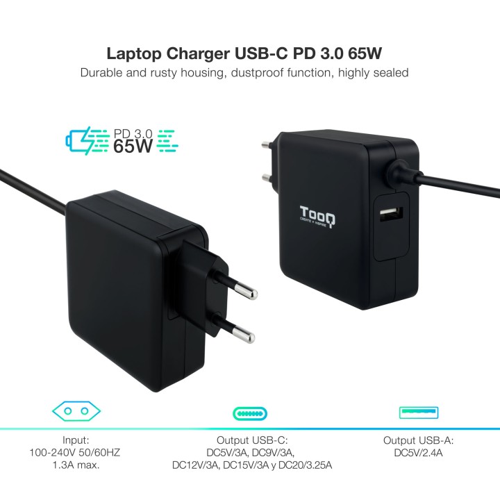 Cargador TooQ 65W USB-C PD 3.0 Negro (TQLC-USBC65PD)