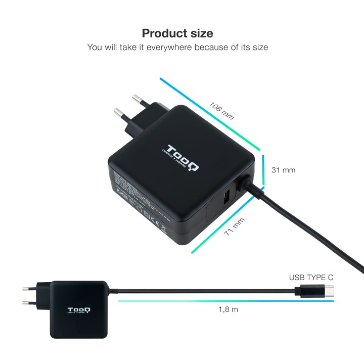 Cargador TooQ 65W USB-C PD 3.0 Negro (TQLC-USBC65PD)
