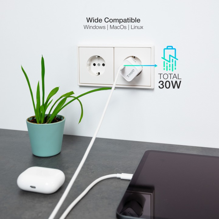 Cargador Pared TooQ 30W 1xUSB-C Blanco (TQWC-GANPD30WT)