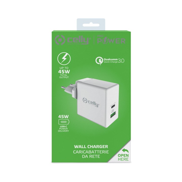 Cargador Pared CELLY 45W 1xUSB-C 1xUSB-A (TCUSBC45WWH)