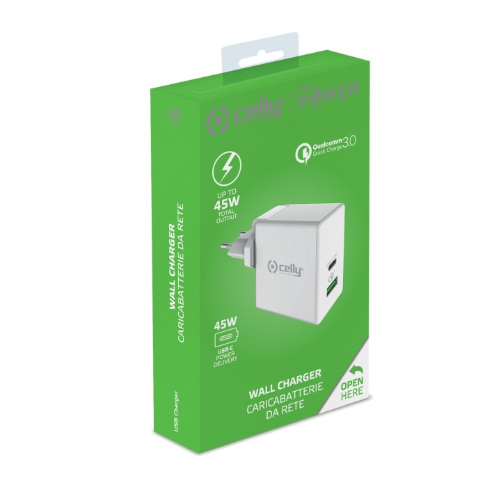 Cargador Pared CELLY 45W 1xUSB-C 1xUSB-A (TCUSBC45WWH)
