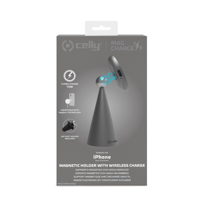 Soporte Carga Inalámbrica CELLY 15W Plata MAGSTANDCHARG