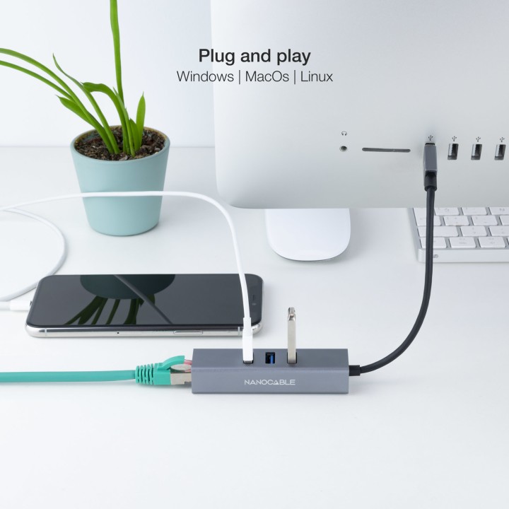 Adaptador Nanocable USB-A a 3xUSB-A/RJ45 (10.03.0407)