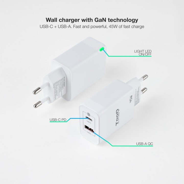 Cargador de Pared TooQ 45W USB-A/C (TQWC-GANQCPD45WT)