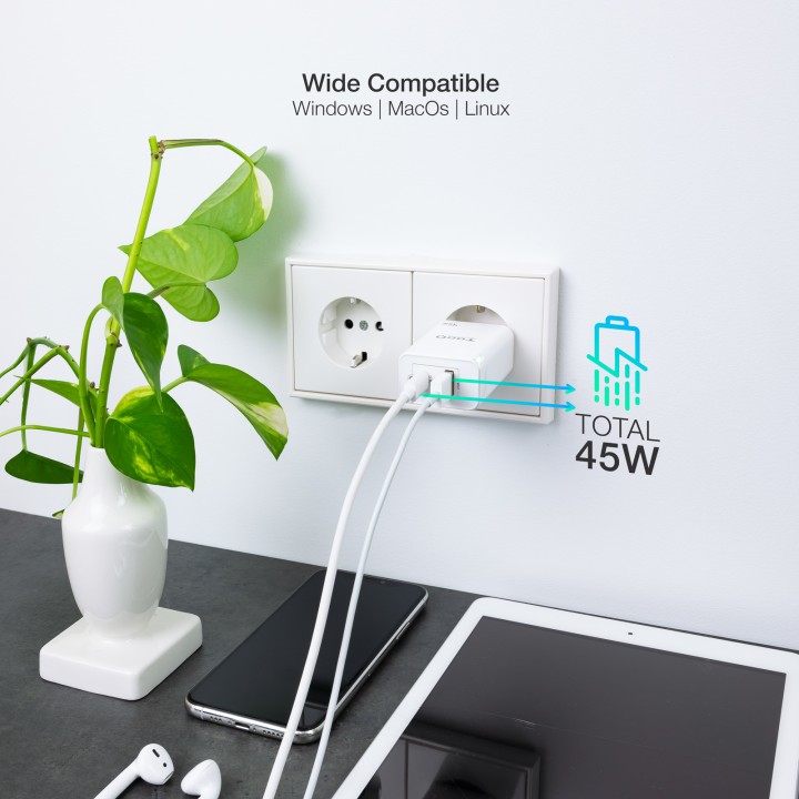 Cargador de Pared TooQ 45W USB-A/C (TQWC-GANQCPD45WT)