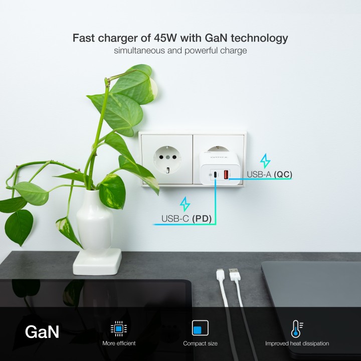 Cargador de Pared TooQ 45W USB-A/C (TQWC-GANQCPD45WT)