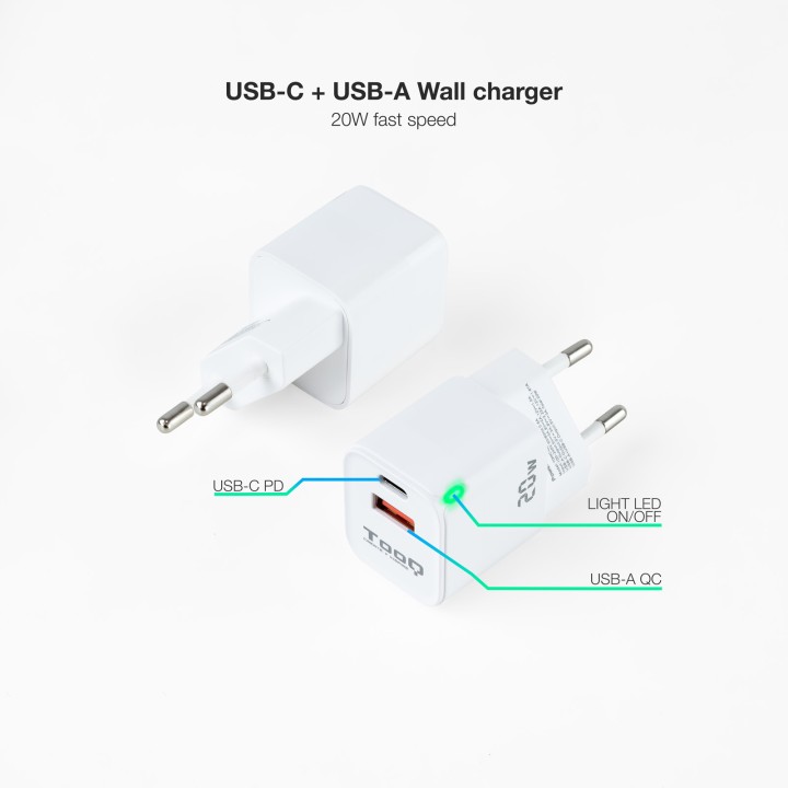 Cargador Pared TOOQ 20W USB-A/C Blanco (TQWC-QCPD20WT)