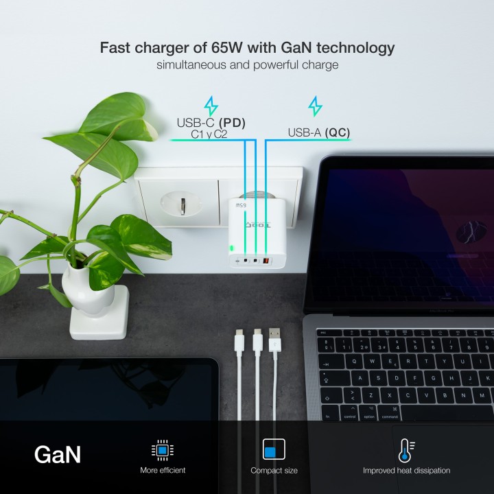Cargador de Pared TooQ 65W USB-A/C (TQWC-GANQC2PD65WT)